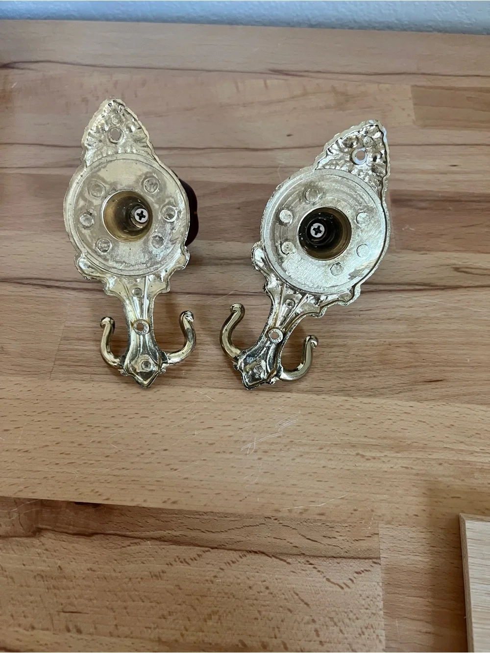 Rare Ornate Brown Glass and Metal Flower Wall Hooks with Gold Finish - Set of 2